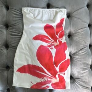 White Strapless Dress with Red Floral Design